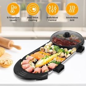 2 in 1 Electric Hot Pot with BBQ Grill Cooker 2200W Smokeless Non-Stick Korean BBQ Grill Shabu Hot Pot with Independent Temperature Control 5 Gea
